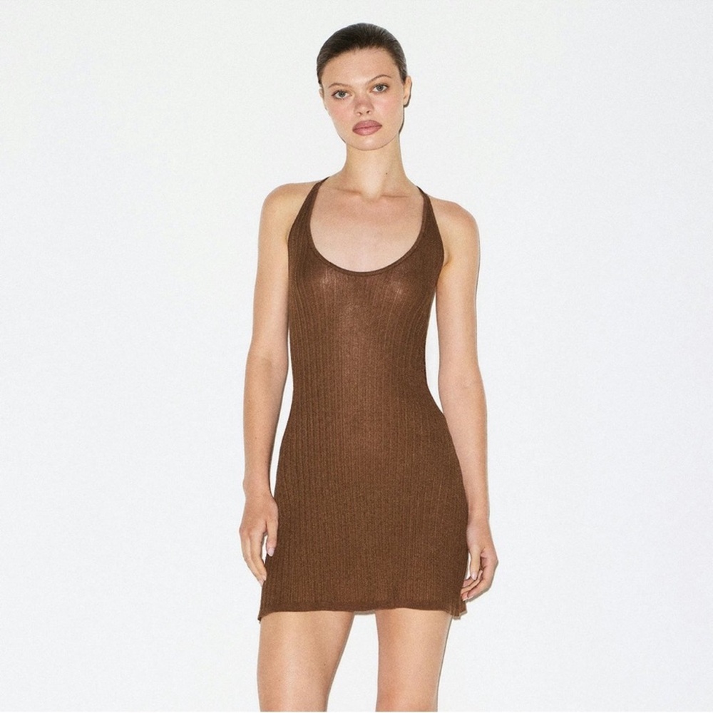 SKIMS Sheer Knit Plunge Mini Dress in Bison, 2x